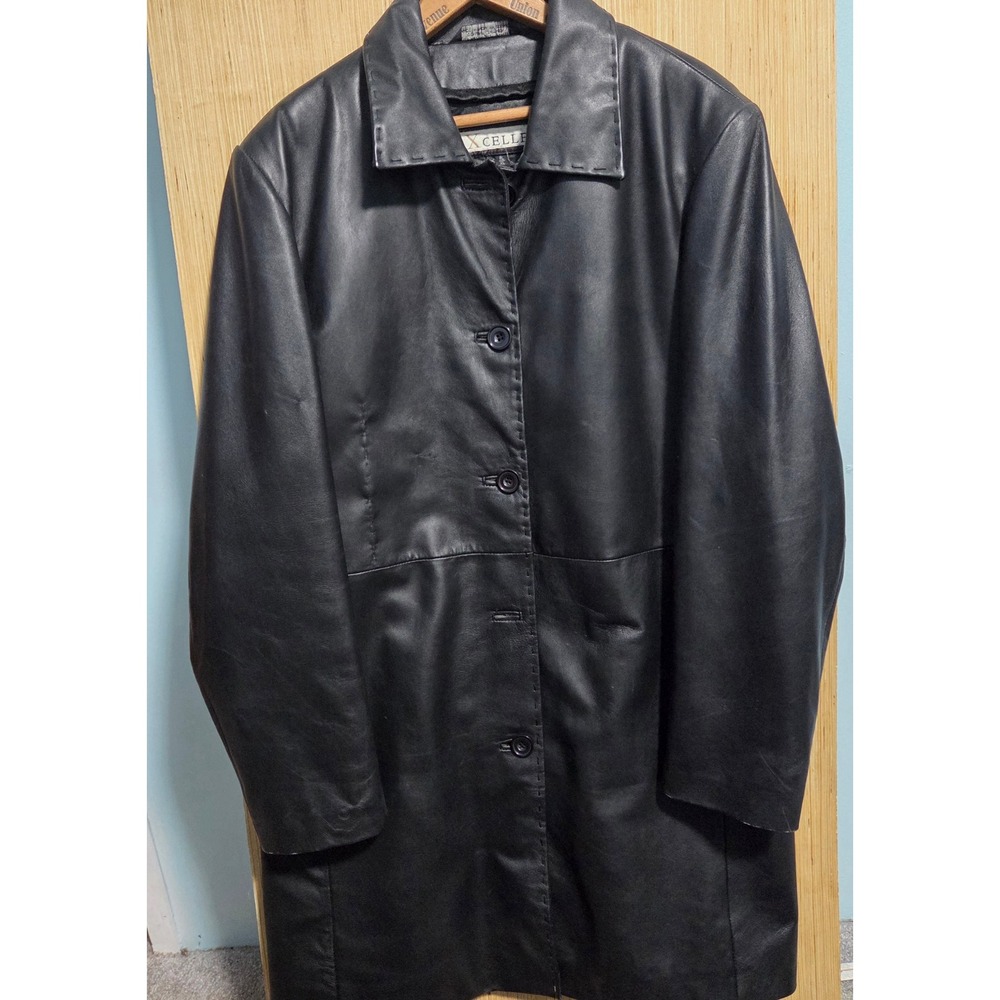 Excelled Black Leather Trench Coat Womens XL Button Front Mid Length Jacket